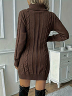 Brown cable-knit turtleneck sweater dress featuring a ribbed hem and a slim H-line silhouette.