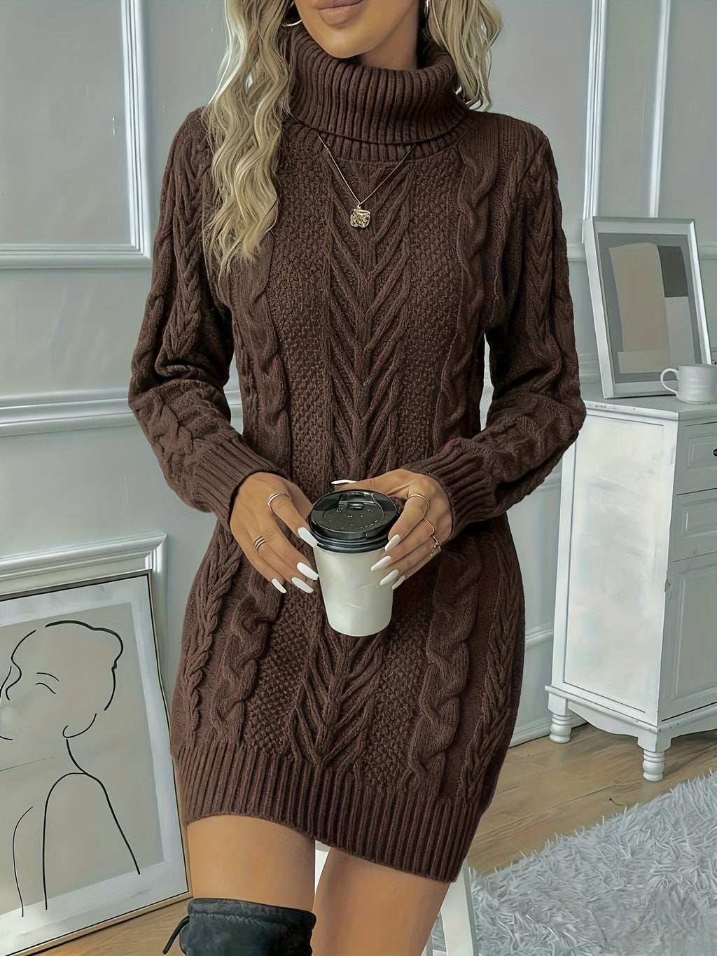 Brown cable-knit sweater dress featuring a high turtleneck, long sleeves, and a structured H-line silhouette.