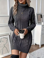 Charcoal grey cable-knit sweater dress featuring a high turtleneck, ribbed trim, and a slim H-line silhouette.