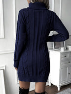 Navy blue cable-knit turtleneck sweater dress with a ribbed hem and long sleeves in a slim, H-line silhouette.