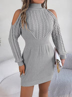 Grey cable knit sweater dress featuring a turtleneck, cold-shoulder cutouts, and a fitted bodycon silhouette.