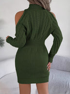 Olive green cable knit mini sweater dress with a turtleneck, long sleeves, and cold-shoulder cutouts in a bodycon fit.