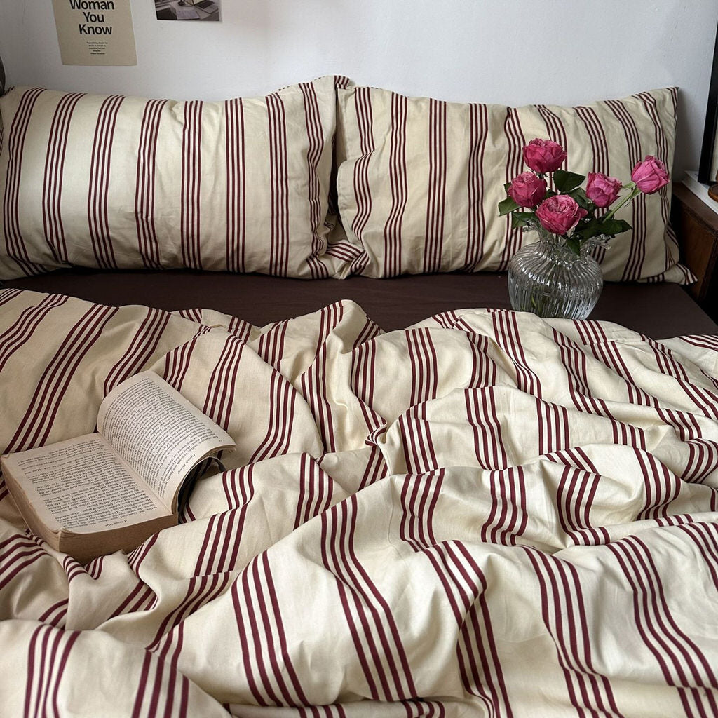 Romy - Beige & Brown Vintage Striped Bedding Set