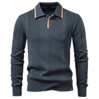 Dark grey long-sleeve polo sweater in fine-gauge vertical ribbed knit with a contrast-trim collar and button placket.
