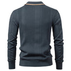 Dark grey long-sleeve polo sweater in fine-gauge vertical ribbed knit with a contrast-trim collar.