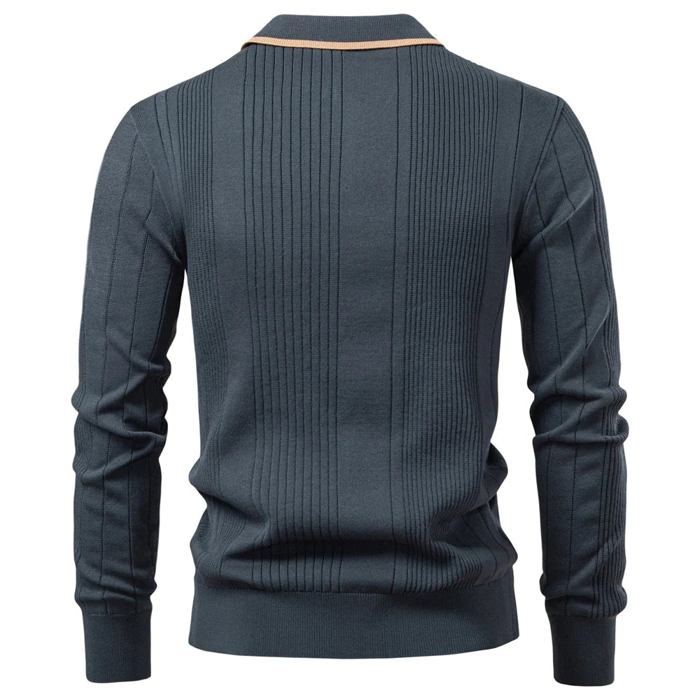 Dark grey long-sleeve polo sweater in fine-gauge vertical ribbed knit with a contrast-trim collar.