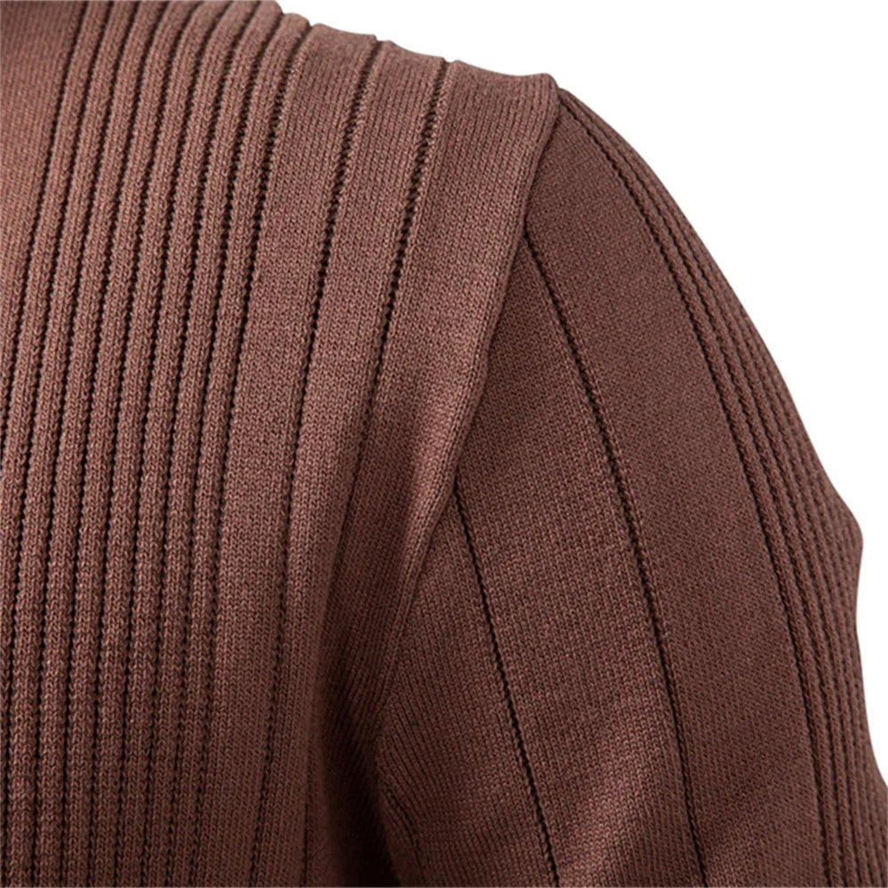 Brown long-sleeve polo sweater in fine-gauge vertical ribbed knit fabric with a structured shoulder seam.
