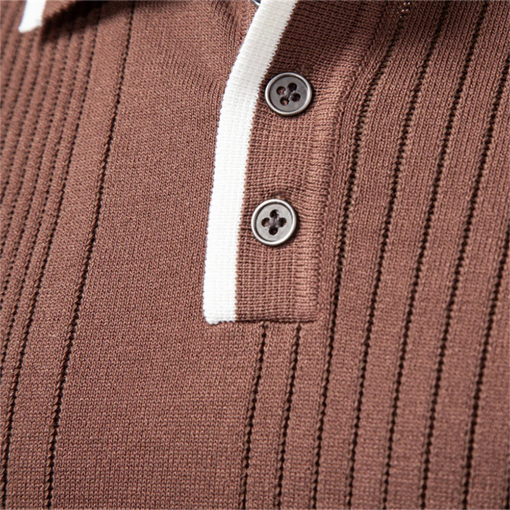 Brown ribbed knit polo sweater with a white contrast collar and button-down placket.