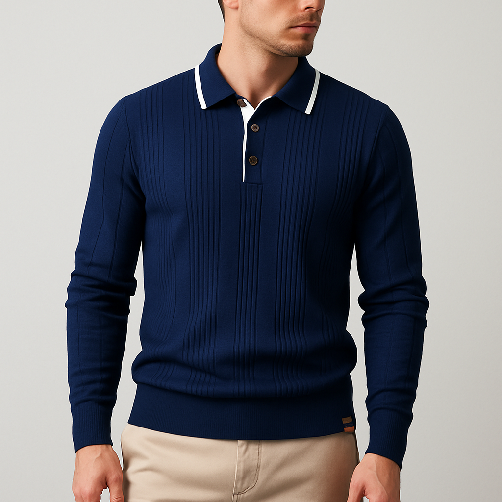 Navy blue long-sleeve polo sweater in fine-gauge vertical ribbed knit with a white contrast-trim collar and button placket.