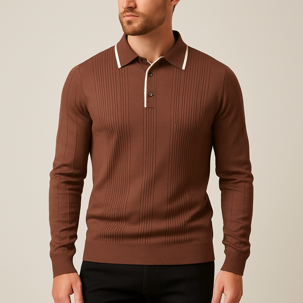 Brown long-sleeve polo sweater in fine-gauge vertical ribbed knit with a contrast-trim collar and button placket.