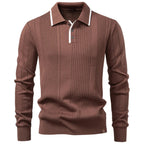 Brown long-sleeve polo sweater in fine-gauge vertical ribbed knit with a white contrast-trim collar and button placket.