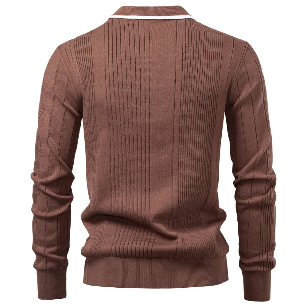Brown long-sleeve polo sweater in fine-gauge vertical ribbed knit with a white-tipped contrast collar.