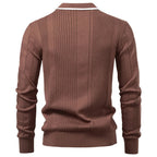 Brown long-sleeve polo sweater in fine-gauge vertical ribbed knit with a white-tipped contrast collar.