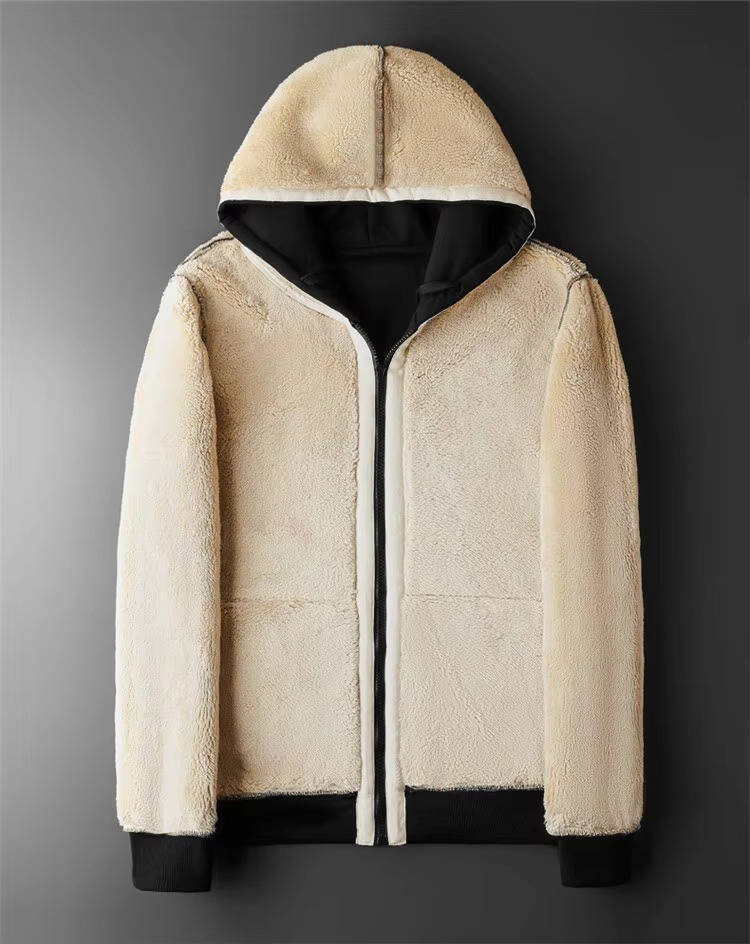 Sherpa-Lined Zip-Up Hoodie – Black and cream sherpa-lined hoodie shown from the front