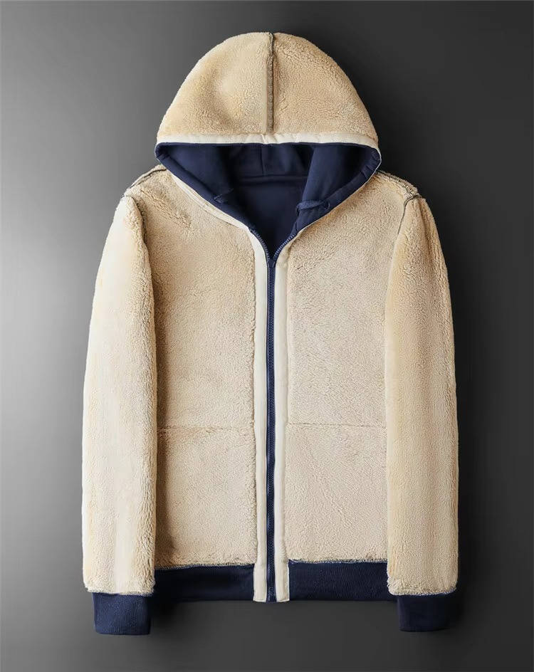 Sherpa-Lined Zip-Up Hoodie – Navy Blue and cream sherpa-lined hoodie shown from the front