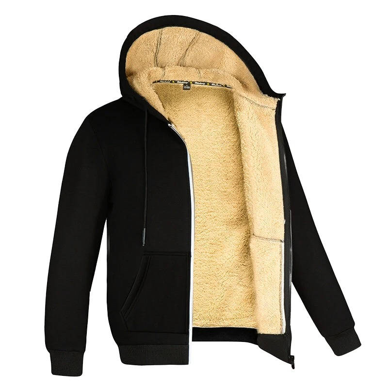Sherpa-Lined Zip-Up Hoodie – Black hoodie shown open to display the cream sherpa lining