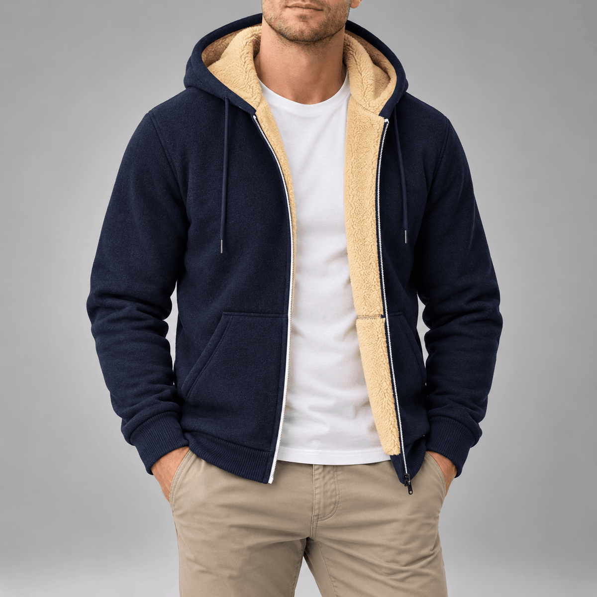 Sherpa-Lined Zip-Up Hoodie – Navy Blue hoodie worn by a male model with sherpa-lined hood and full-zip front