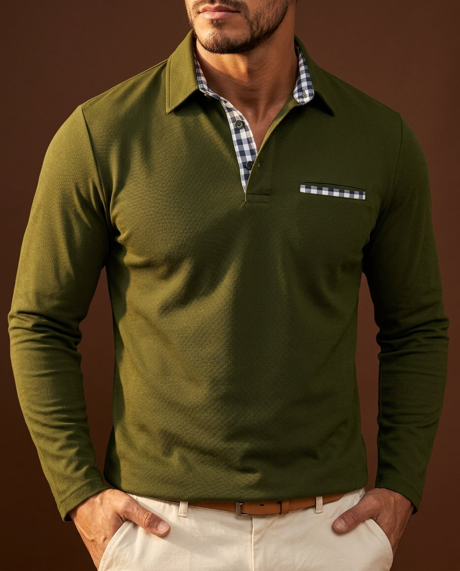 Olive green long-sleeve pique polo featuring a navy and white gingham-trimmed button placket and chest pocket.