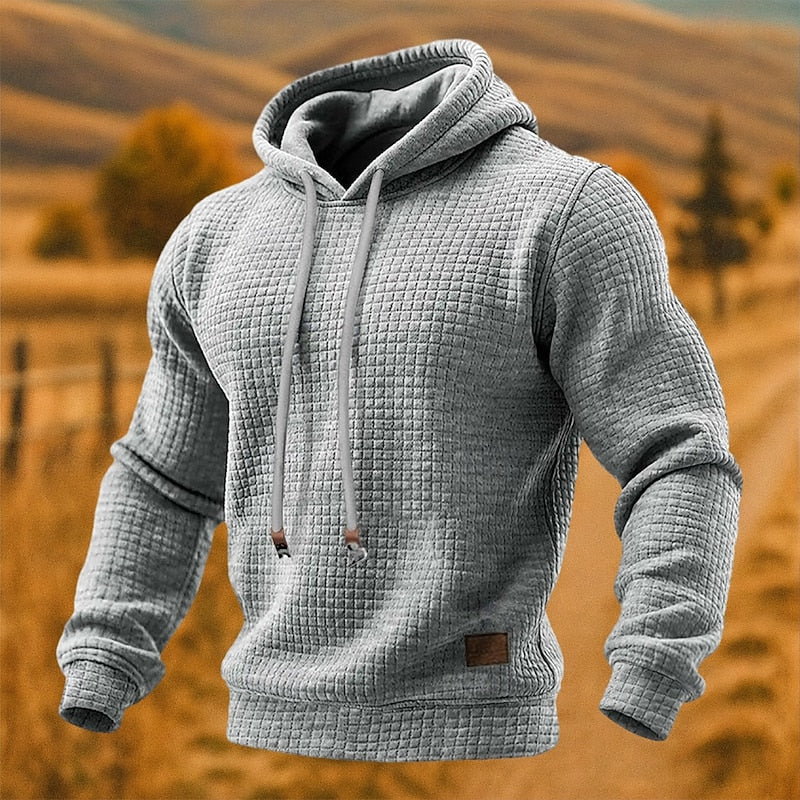 Waffle-Knit Pullover Hoodie – Light Gray waffle-knit hoodie with drawcords and ribbed cuffs