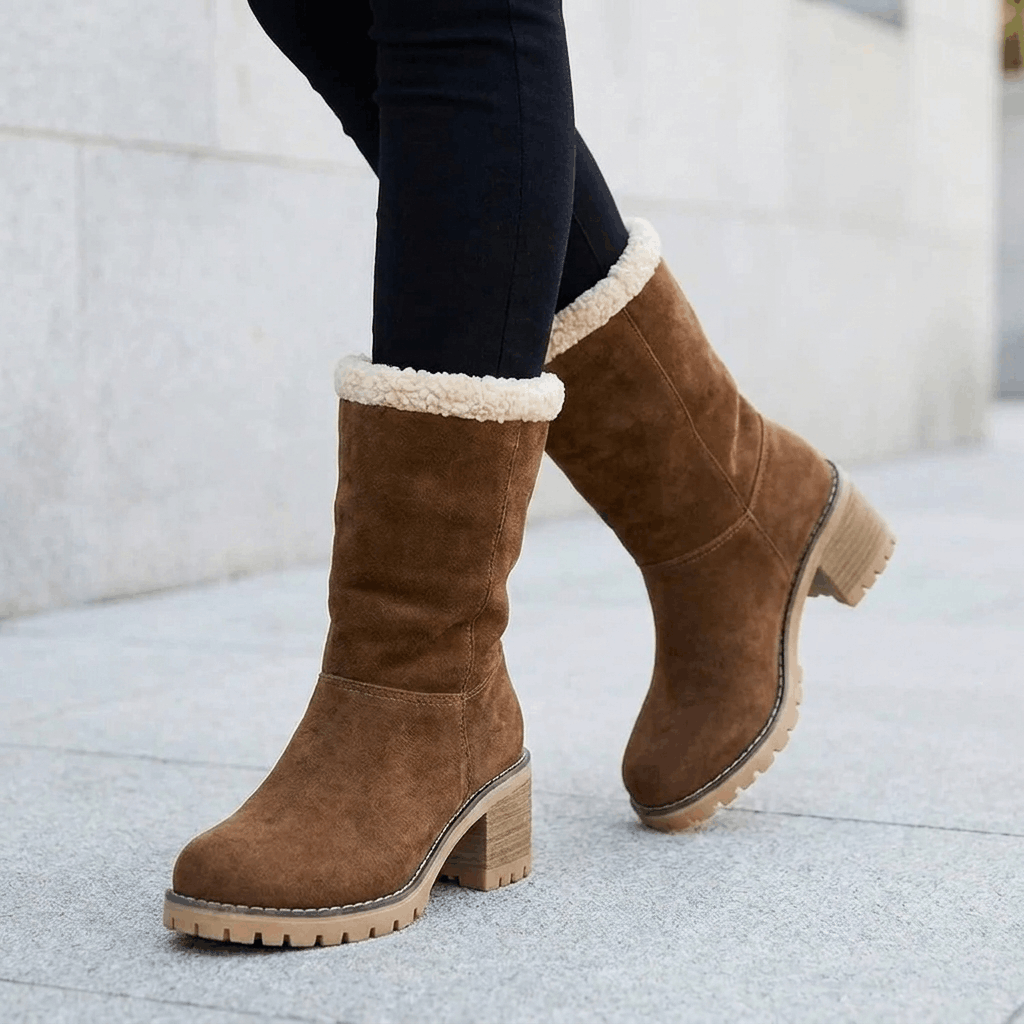 Dark brown suede block heel ankle boots for women with sherpa cuff worn up, styled with dark jeans
