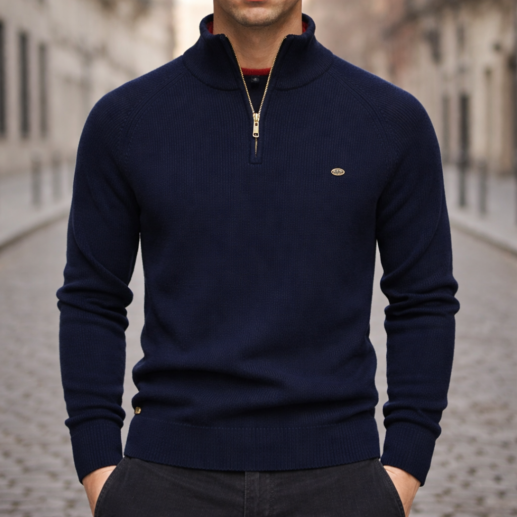 Navy ribbed knit quarter-zip sweater with a mock neck, raglan sleeves, and gold hardware in a slim fit.
