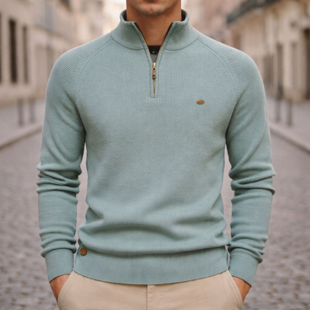 Slim-fit sage green ribbed knit quarter-zip sweater with raglan sleeves and a structured mock neck collar.
