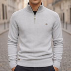 Light grey ribbed knit quarter-zip sweater with a slim fit, mock neck collar, and raglan sleeves.