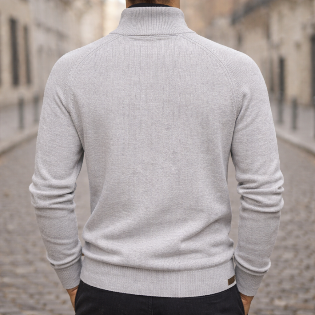 Light grey ribbed knit quarter-zip sweater with raglan sleeves and a slim-fit mock neck, viewed from the back.