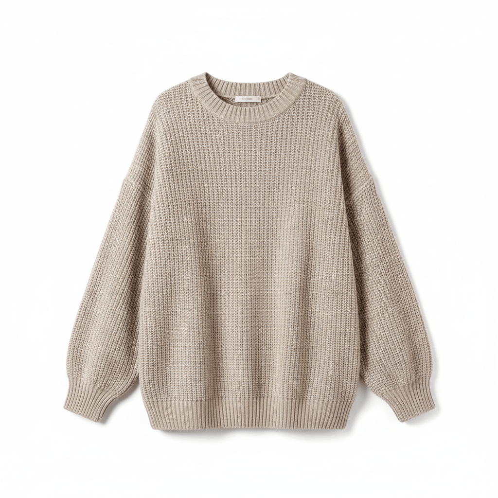 Taupe chunky knit oversized sweater with a ribbed crewneck, dropped shoulders, and balloon sleeves.