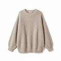Taupe chunky knit oversized sweater with a ribbed crewneck, dropped shoulders, and balloon sleeves.