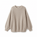 Taupe chunky knit oversized sweater with a ribbed crewneck, dropped shoulders, and balloon sleeves.