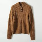 Brown wool-blend cable-knit sweater featuring a button-up stand collar and ribbed trim in a slim, fitted silhouette.