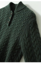 Dark green wool-blend cable-knit sweater featuring a button-up stand collar and a textured, slim-fit silhouette.