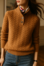 Camel wool-blend cable-knit sweater featuring a button-up stand collar, ribbed trim, and a slim, textured silhouette.