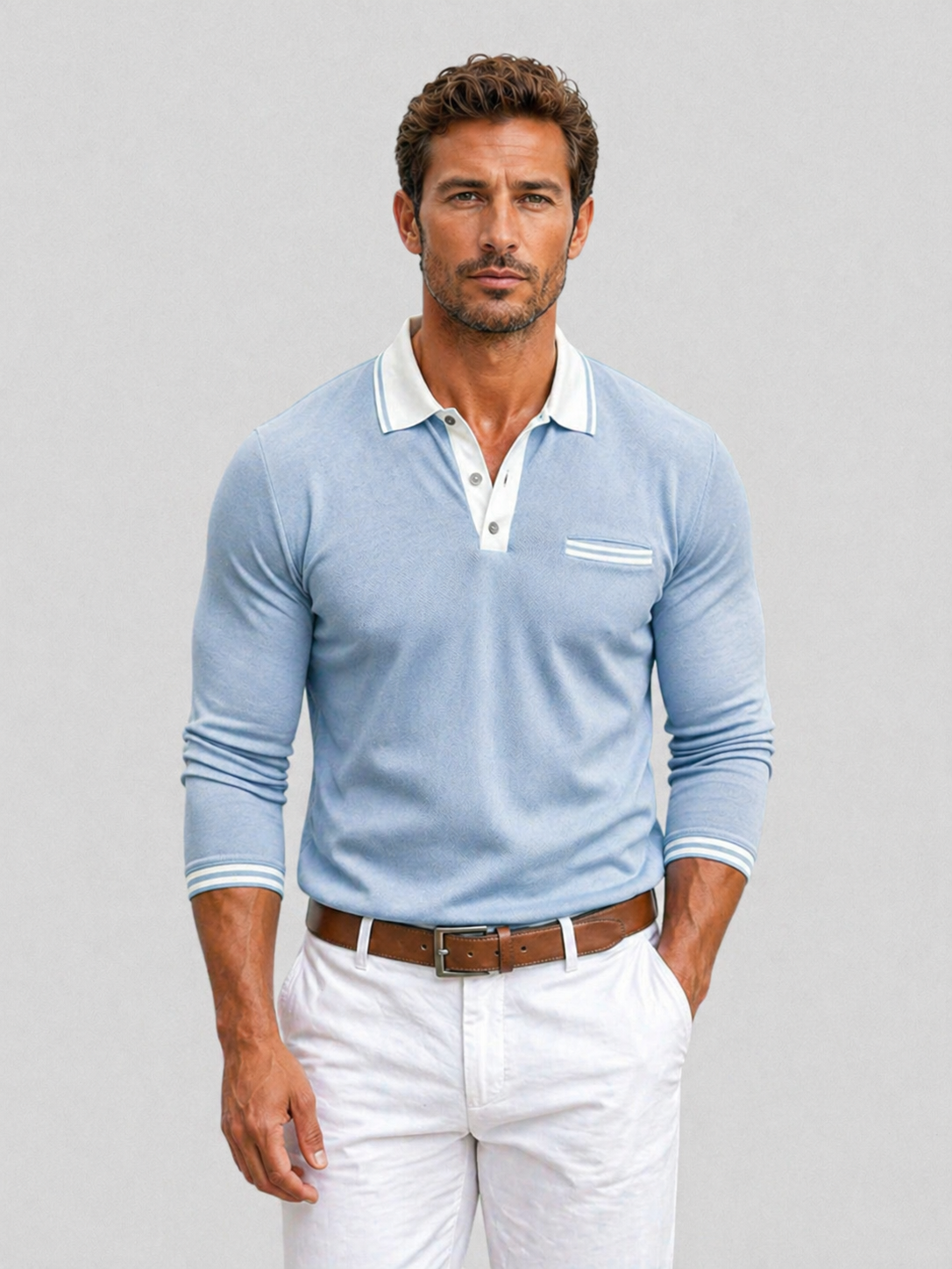 Light blue long-sleeve knit polo with a white contrast collar, button placket, chest pocket, and striped cuff trim.