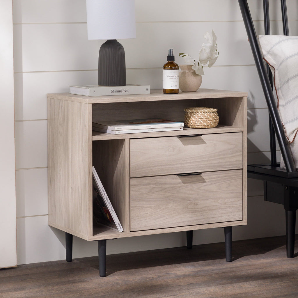 Midnight Fern - Modern Nightstand with Drawers and Shelves Birch