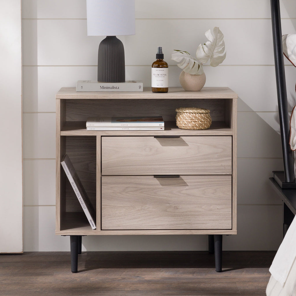 Midnight Fern - Modern Nightstand with Drawers and Shelves Birch
