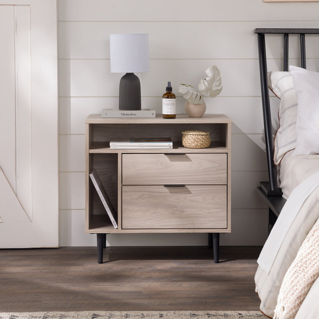 Midnight Fern - Modern Nightstand with Drawers and Shelves Birch