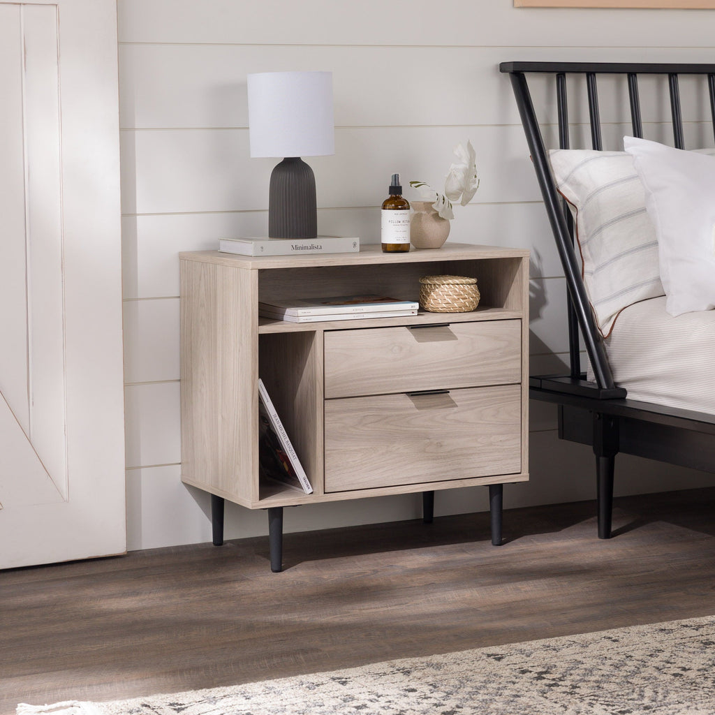 Midnight Fern - Modern Nightstand with Drawers and Shelves Birch