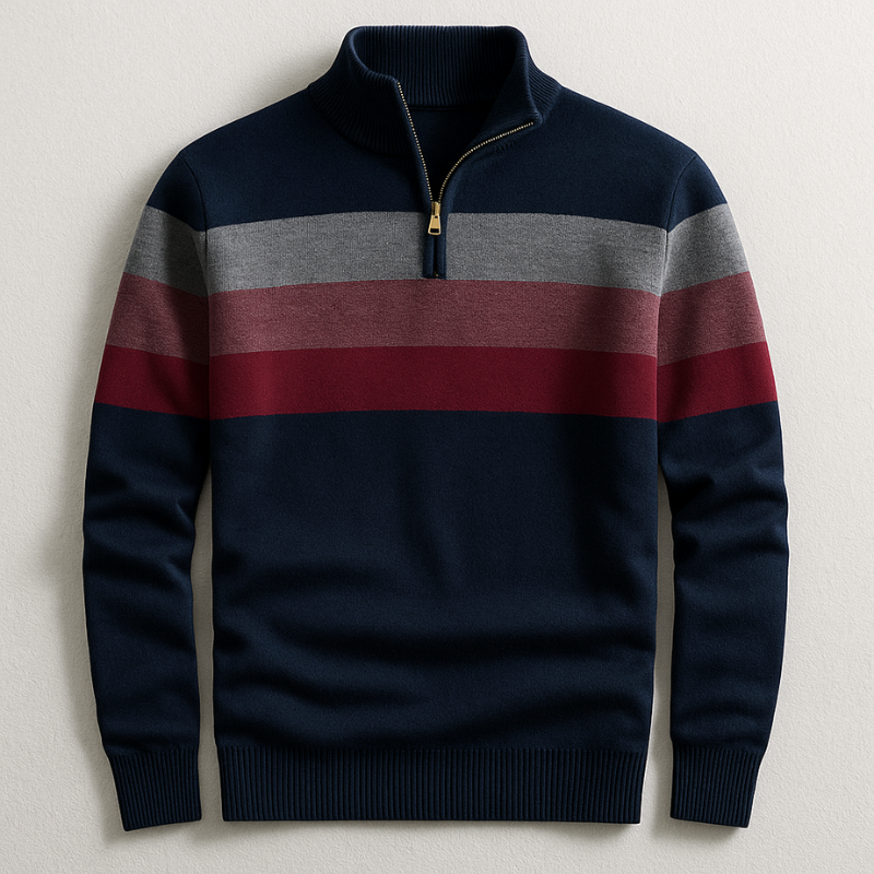Navy cotton quarter-zip pullover featuring a multi-colored chest stripe, ribbed mock collar, and tailored fit.