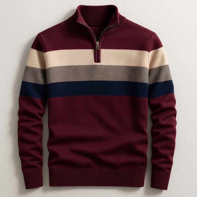 Burgundy quarter-zip cotton sweater featuring a multi-colored chest stripe, ribbed mock collar, and tailored fit.