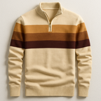 Midweight cotton quarter-zip pullover in cream with brown and tan chest stripes, ribbed mock collar, and stretch cuffs.