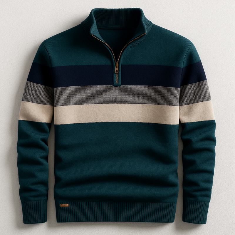Dark teal quarter-zip cotton sweater featuring a multi-colored chest stripe, ribbed mock collar, and tailored fit.