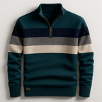 Dark teal quarter-zip cotton sweater featuring a multi-colored chest stripe, ribbed mock collar, and tailored fit.