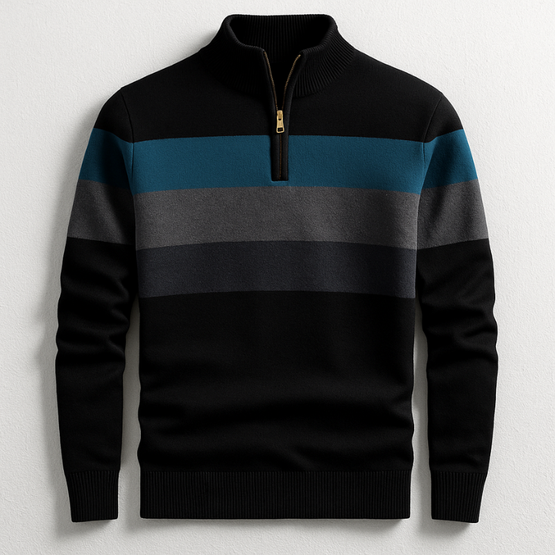 Black quarter-zip cotton sweater featuring a blue and grey color-blocked chest stripe and ribbed mock collar.