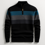Black quarter-zip cotton sweater featuring a blue and grey color-blocked chest stripe and ribbed mock collar.