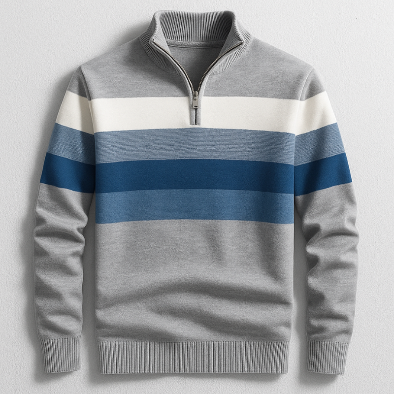 Grey cotton quarter-zip pullover featuring a blue and white color-blocked chest stripe and ribbed mock collar.