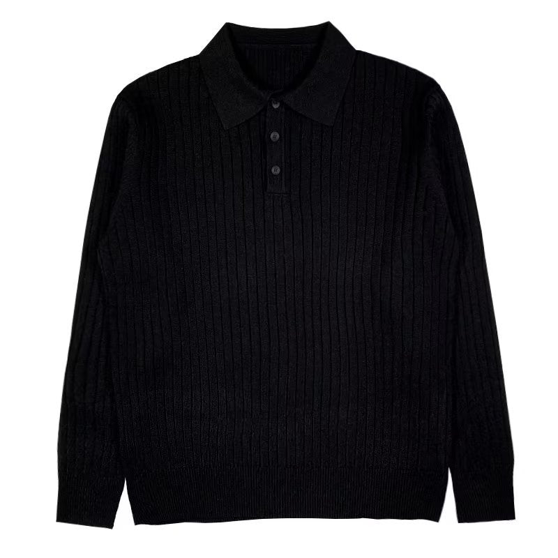 Black long-sleeve polo sweater in vertical rib-knit with a lapel collar, button placket, and ribbed hem and cuffs.