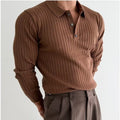 Brown long-sleeve polo sweater in vertical rib-knit fabric featuring a lapel collar and a three-button placket.