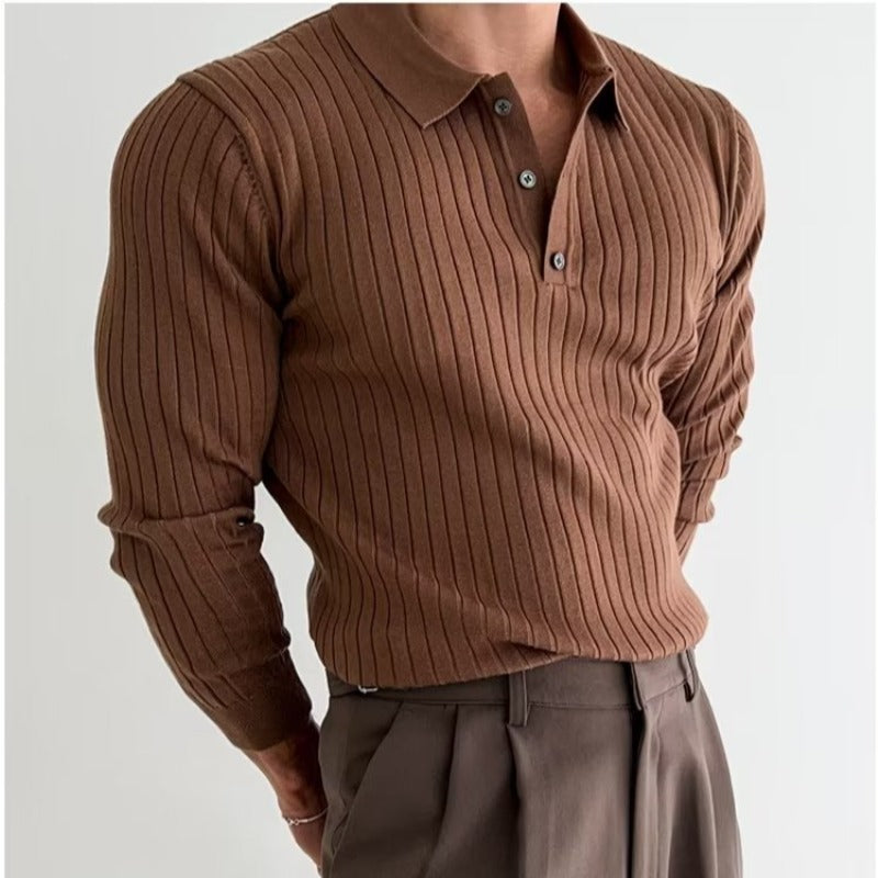 Brown long-sleeve polo sweater in vertical rib-knit fabric featuring a lapel collar and a three-button placket.
